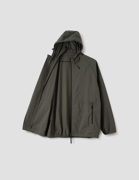 Green/brown lightweight rain jacket with adjustable hood, zip fastening closure and pockets and elasticated hem and cuffs, front open flat lay view.