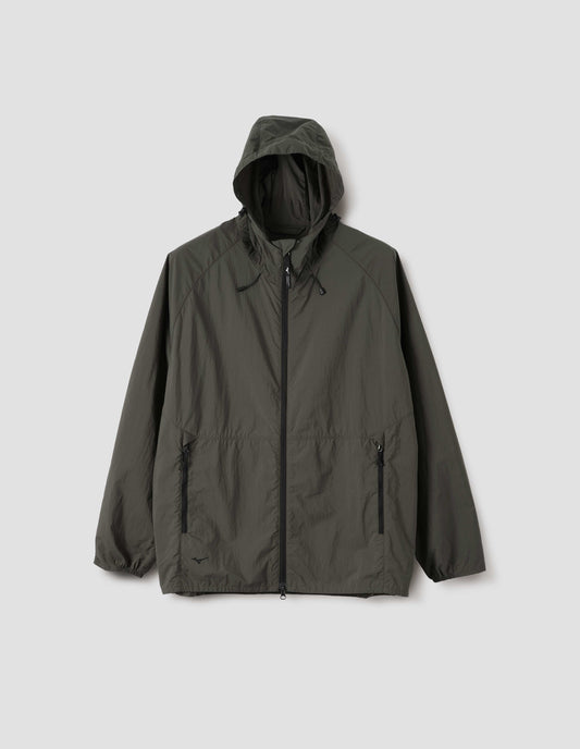 Green/brown lightweight rain jacket with adjustable hood, zip fastening closure and pockets and elasticated hem and cuffs, front flat lay view.