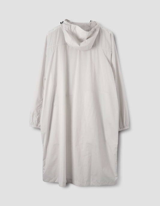 Light grey rain parka with peaked elasticated hood and elasticated cuffs. Back flat lay view.