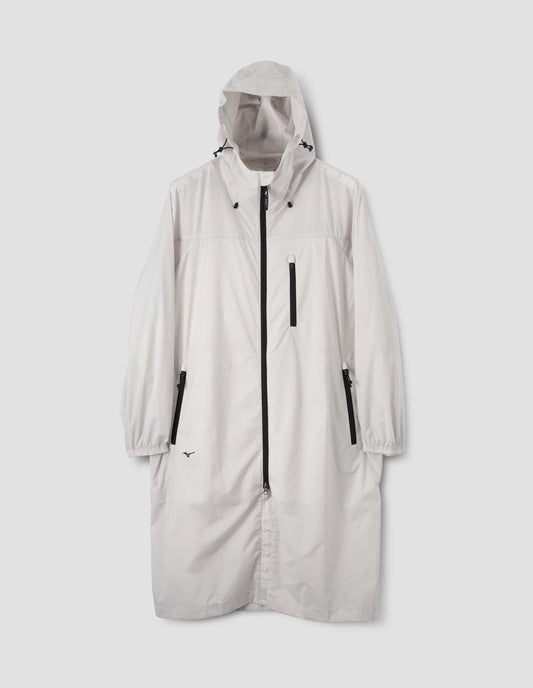 Light grey rain parka with peaked elasticated hood, contrast zip fastening closure and pockets, popper storm flap and elasticated cuffs. Front flat lay view.