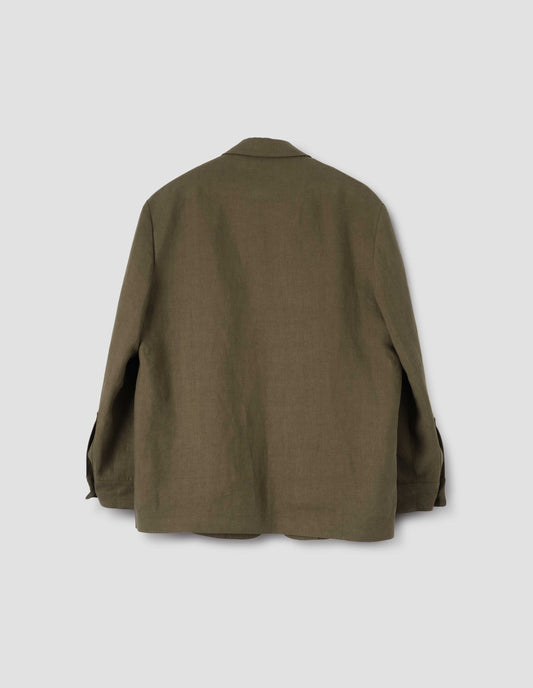 Green/brown blazer with horn button cuffs, back flat lay view.