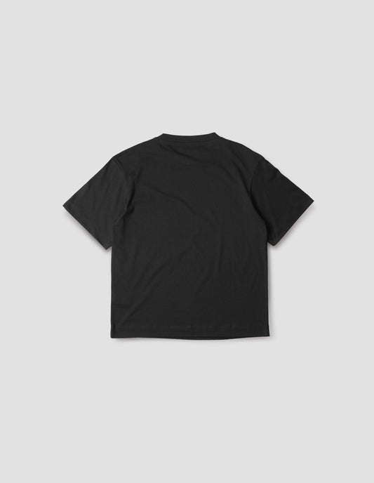 Black cotton short sleeve t-shirt, back flat lay view.