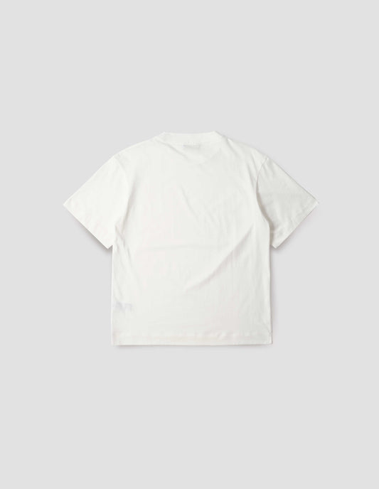 Off white cotton short sleeve t-shirt, back flat lay view.