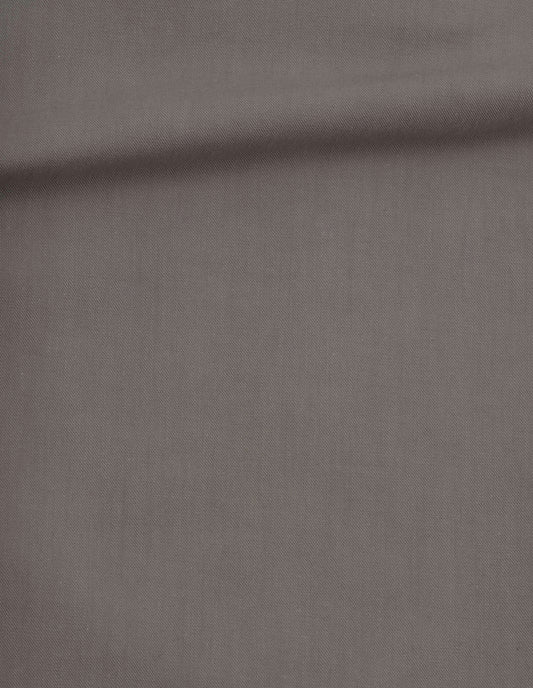 Grey/beige single pleated trousers, dense cotton drill fabric swatch.