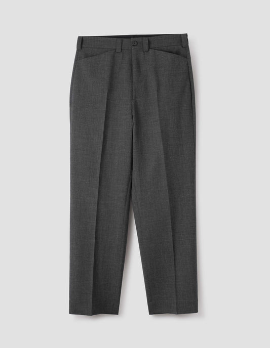 Grey crisp wool trousers, with horn button fastening, belt loops and slant front pockets. Front flat lay view. 