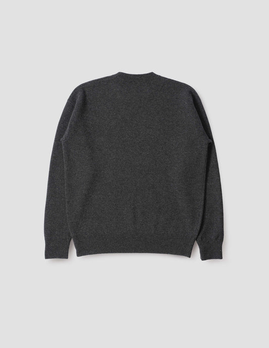 Dark grey knitted sweatshirt with rib collar, cuffs and hem. Back flat lay view.