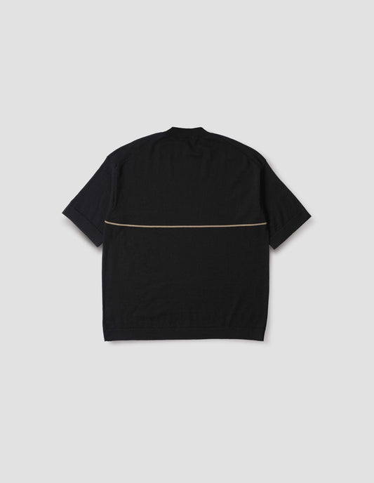 Black knitted t-shirt with deep rib crew neck, set in sleeves and single dark beige stripe across body. Back flat lay view.