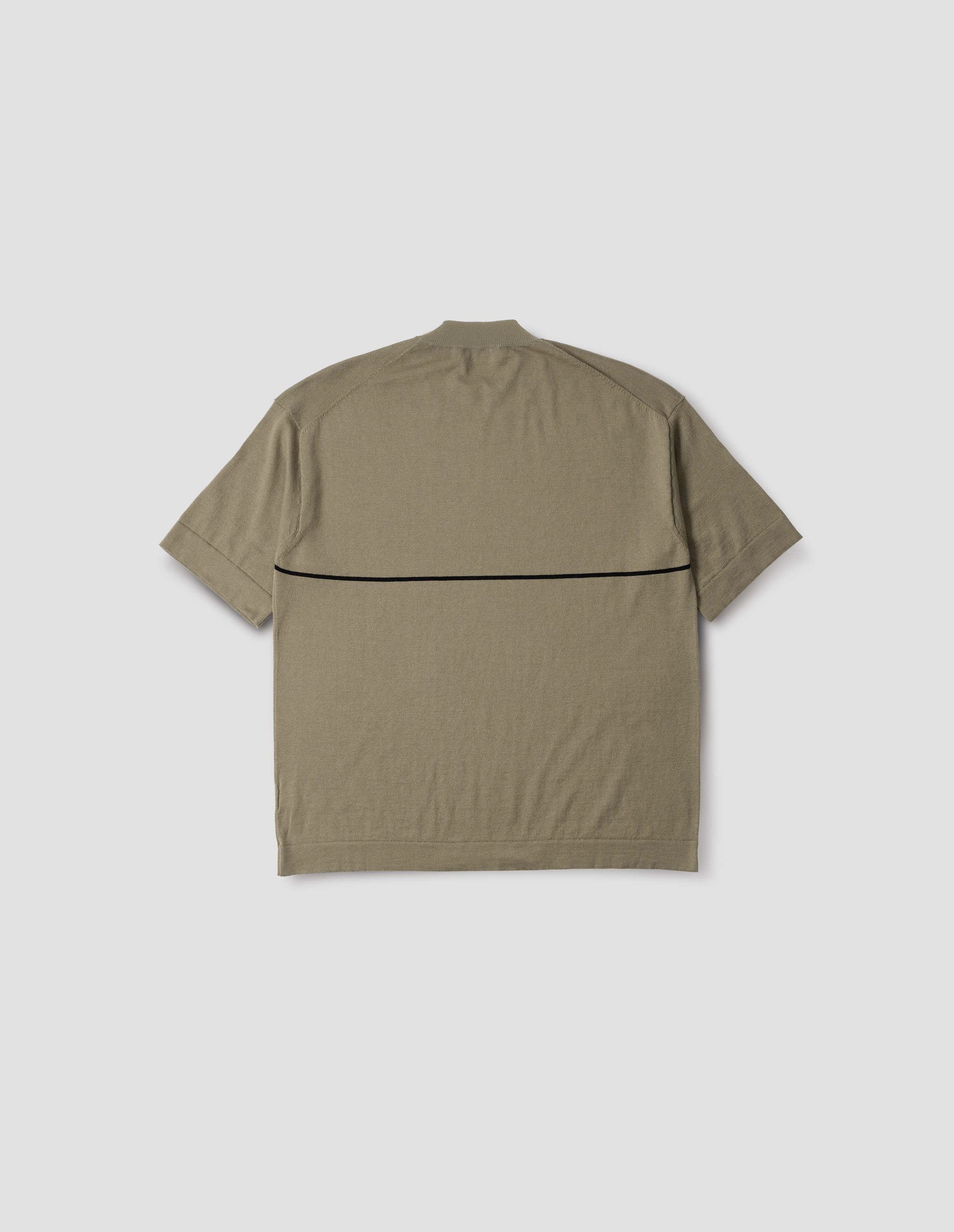 Dark beige knitted t-shirt with deep rib crew neck, set in sleeves and single black stripe across body. Back flat lay view.