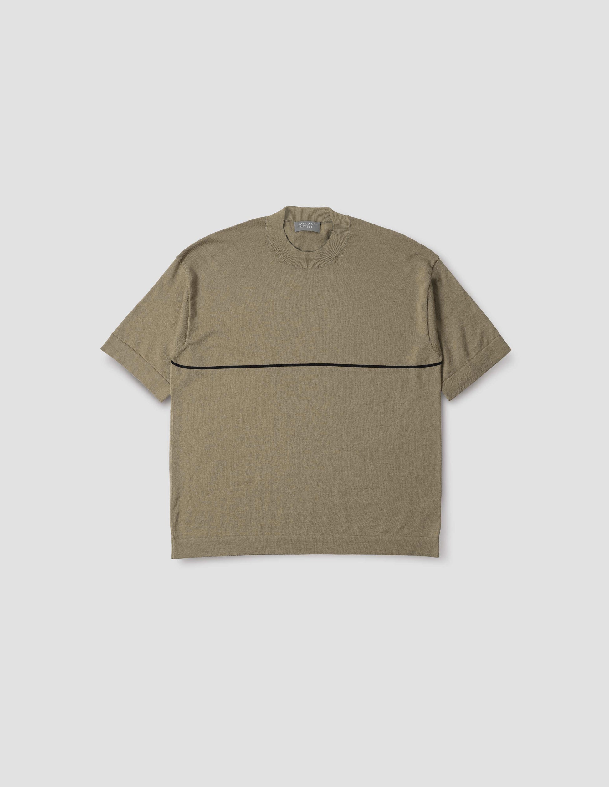 Dark beige knitted t-shirt with deep rib crew neck, set in sleeves and single black stripe across body. Front flat lay view.