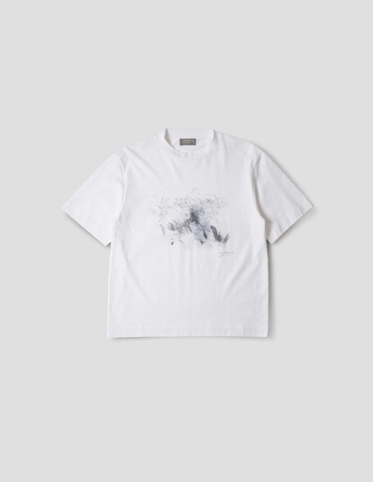 White boxy crew neck t-shirt with dark grey drawing print. Front flat way view.