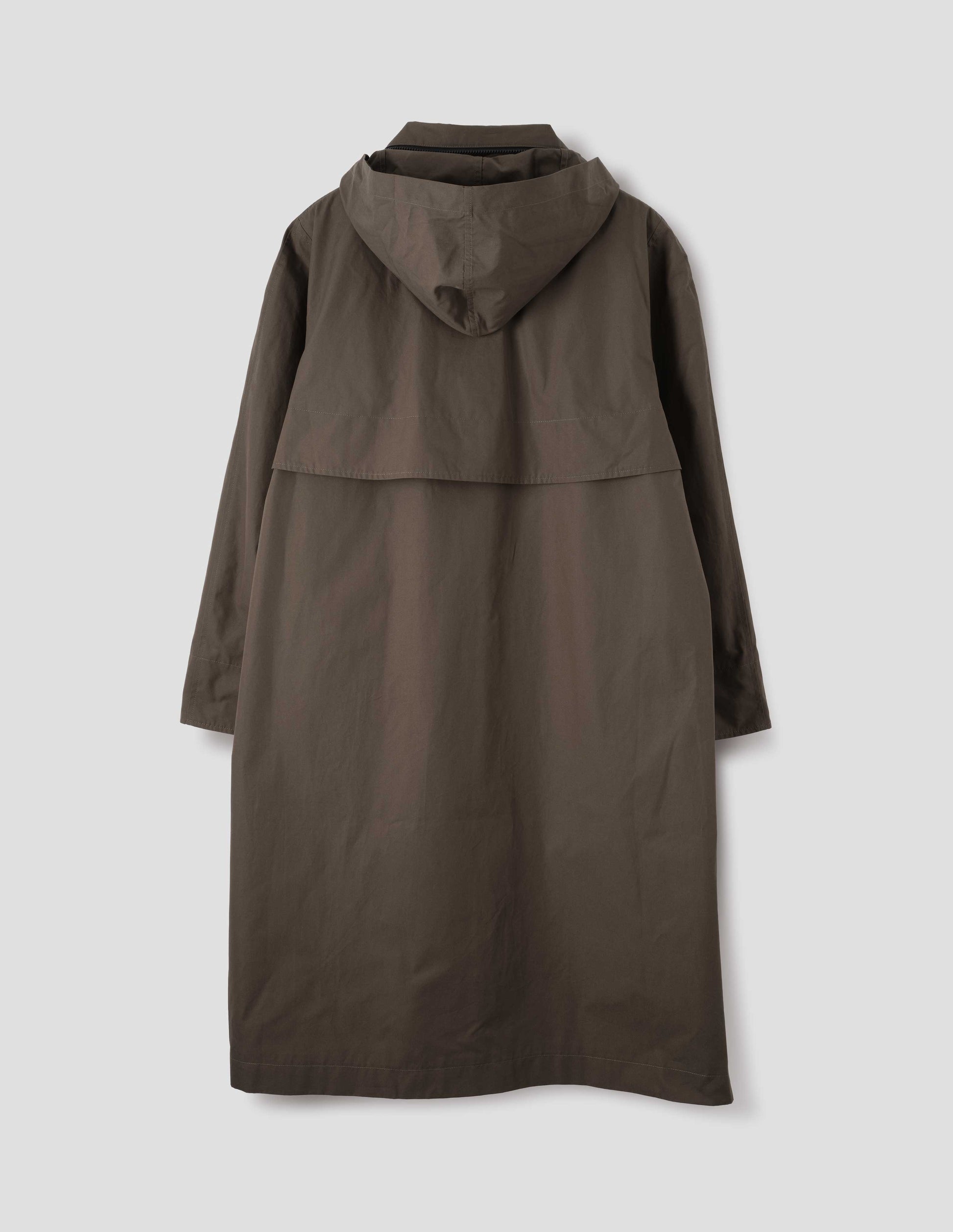 Greenish brown ventile cotton poplin longline mac with storm shield and packable hood. Back flat lay view.