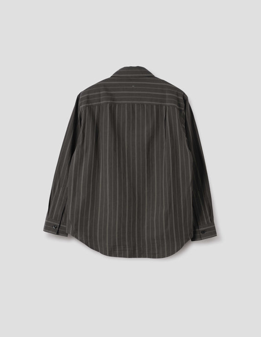 Off black and khaki striped shirt, with corozo button cuffs, side pleats on back yoke and elongated curved hem. Back flat lay view. 