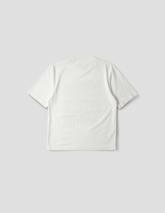 Off white short sleeve t shirt. Back flat lay view.