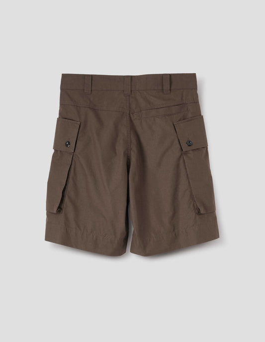 Brown cotton shorts with cargo pockets, belt loops and welt back pocket. Back flat lay view. 