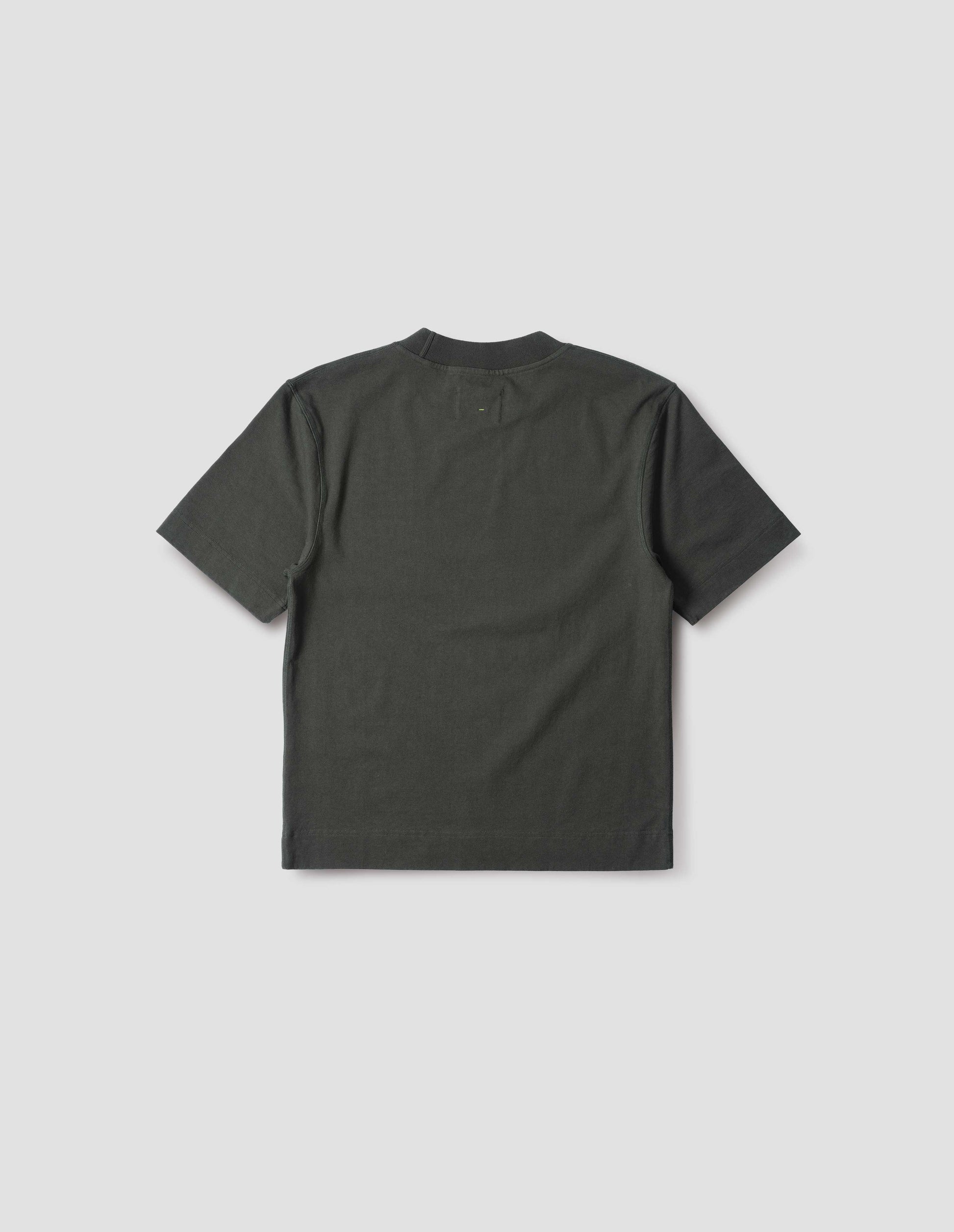 Greenish black short sleeve t-shirt with dropped shoulder and rib neck. Back flat lay view.