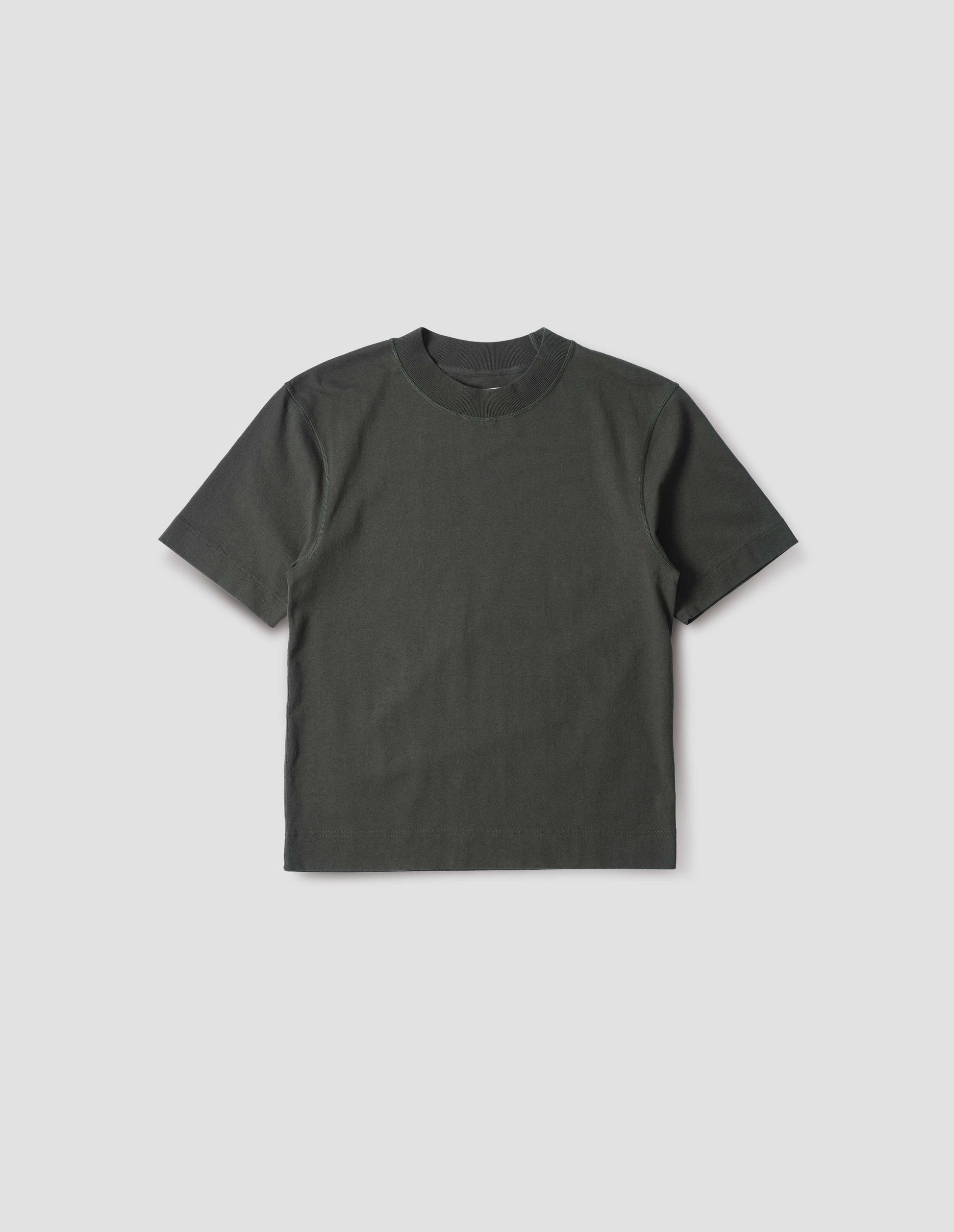 Greenish black short sleeve t-shirt with dropped shoulder and rib neck. Front flat lay view.