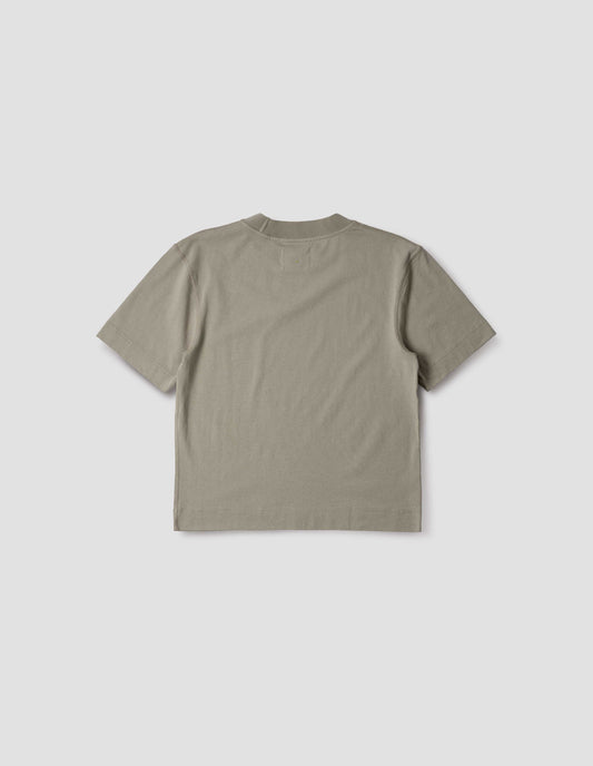 Greenish beige short sleeve t-shirt with dropped shoulder and rib neck. Back flat lay view.