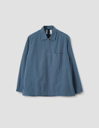 MHL. LONG SLEEVE HALF ZIP PULL ON SHIRT | SANDED COTTON POPLIN | UNIFORM BLUE