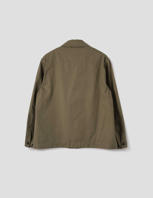 Brownish green cotton blazer, with horn button closure cuffs. Back flat lay view.