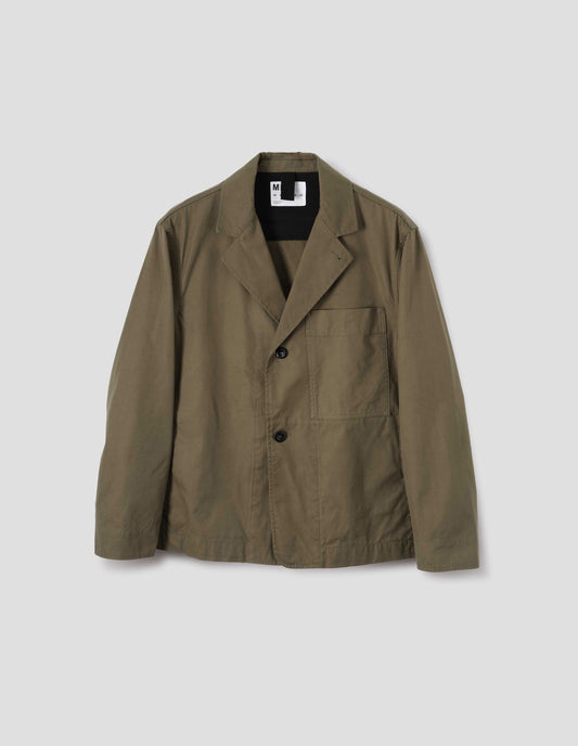 Brownish green cotton blazer, with horn button fastening lapel, large patch chest pocket and side pockets. Front flat lay view.