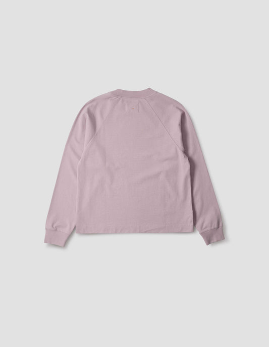 Pink cotton long sleeve t-shirt with raglan sleeve, single rib trims on neck and cuffs and vent split hem. Back flat lay view.
