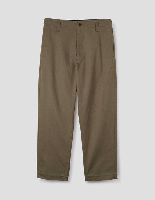 Green cotton drill trousers with belt loops, slant side pockets and corozo button fastening. Front flat lay view.