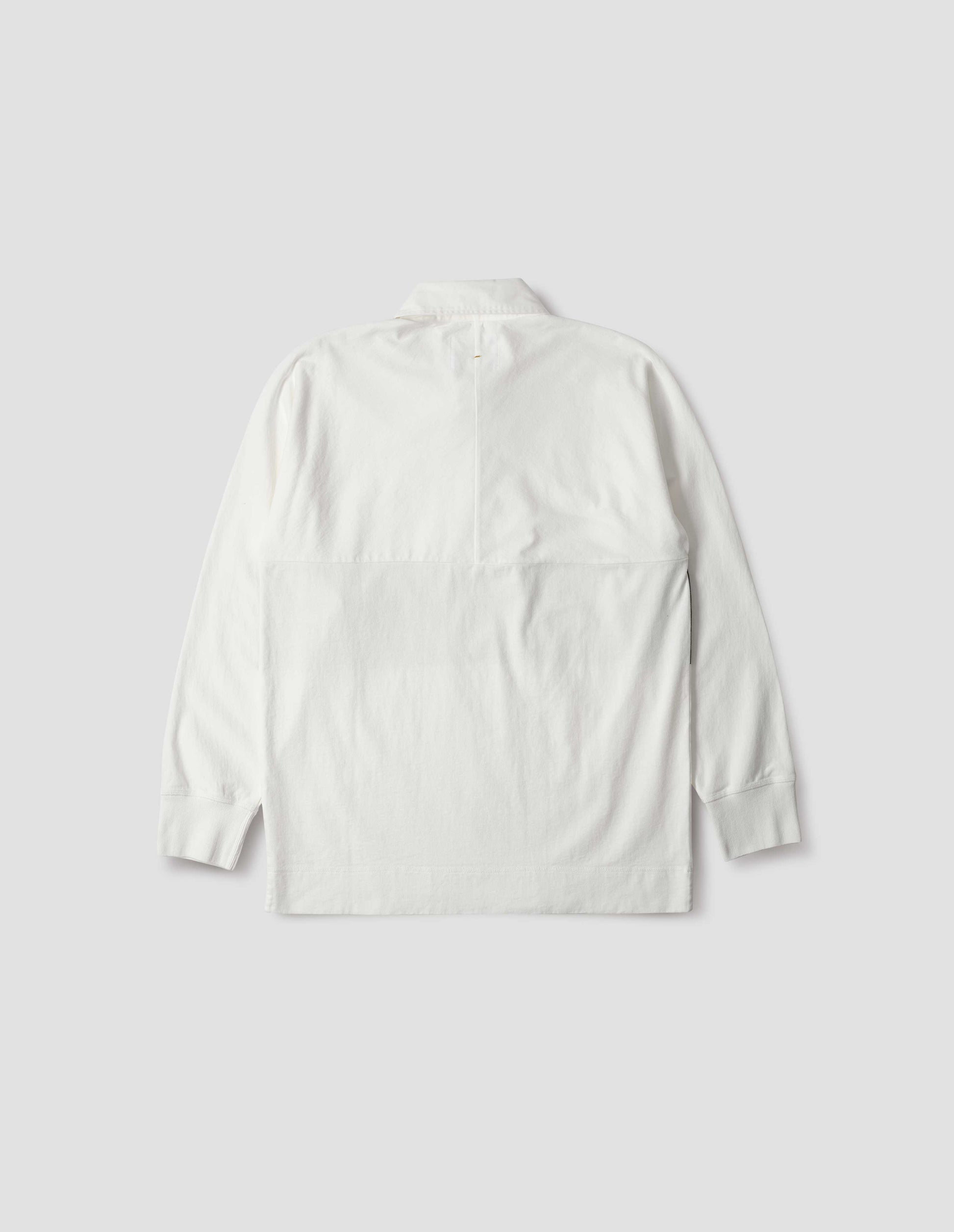 Off white rugby long sleeve polo shirt with twill collar and rib cuffs. Back flat lay view. 