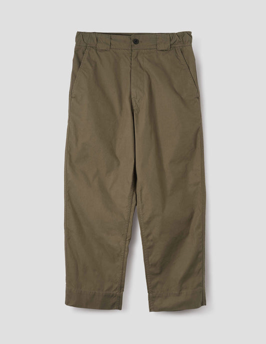 Brownish green trousers with tapered leg, button fastening, side elasticated waistband, wide belt loops and deep hem. Front flat lay view.