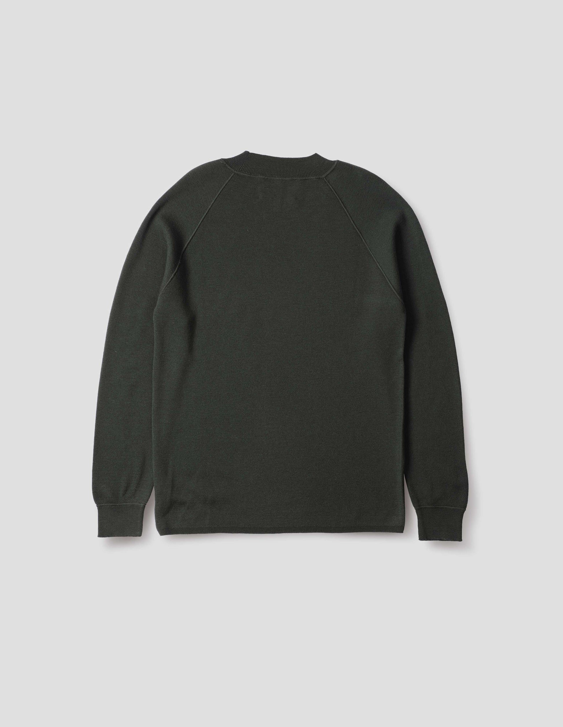 Dark grey merino wool sweatshirt with raglan sleeve and contrast rib on neck, cuffs and hem. Back flat lay view.
