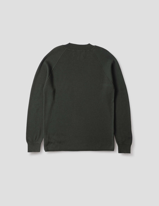 Dark grey merino wool sweatshirt with raglan sleeve and contrast rib on neck, cuffs and hem. Back flat lay view.