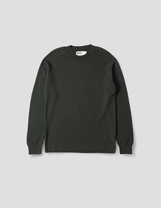Dark grey merino wool sweatshirt with raglan sleeve and contrast rib on neck, cuffs and hem. Front flat lay view.