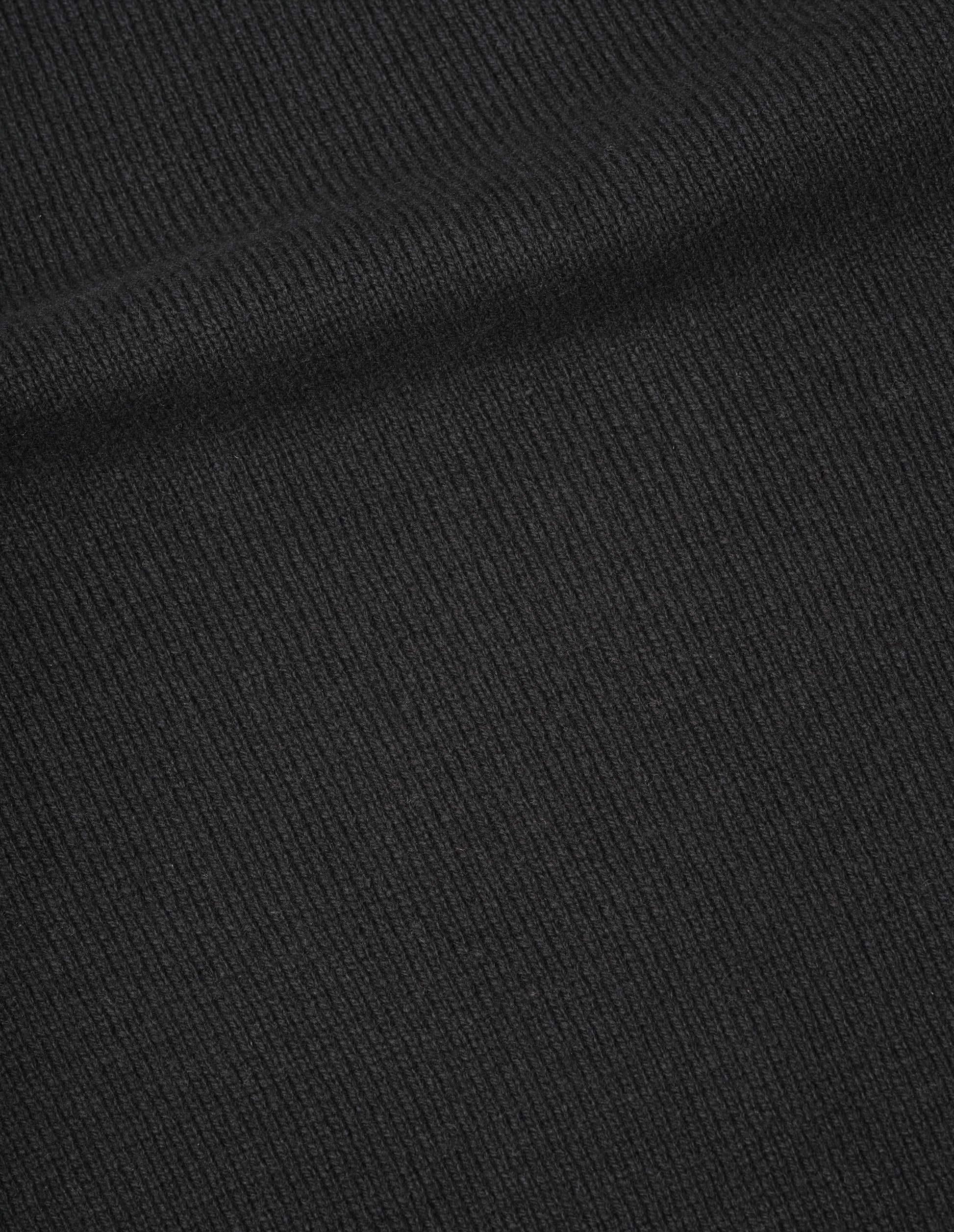 Black wool cotton zip up polo jumper, fabric swatch. 