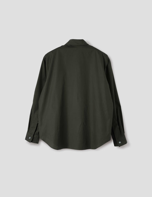 Dark green cotton poplin long sleeve shirt, with horn button closure on cuffs and curved hem. Back flat lay view. 