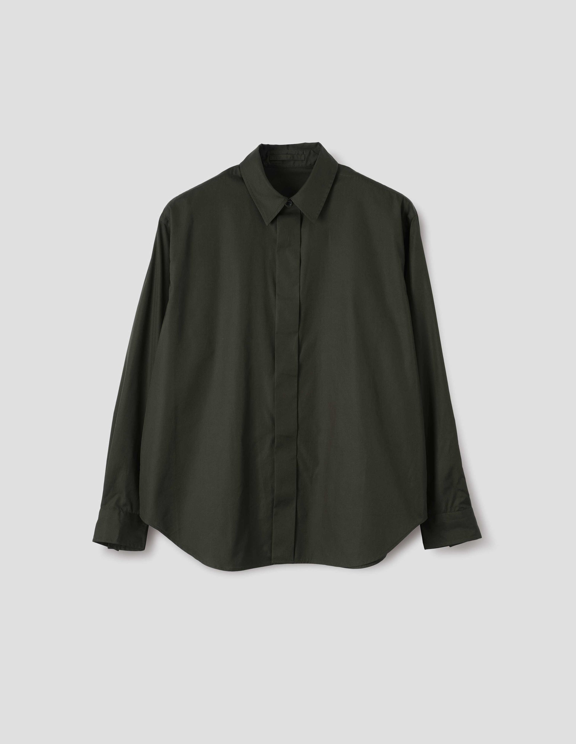Dark green cotton poplin long sleeve shirt with concealed button placket, curved hem and hanger loop on inside collar. Front flat lay view. 