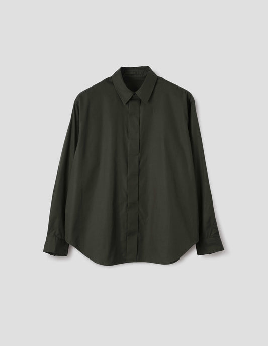 Dark green cotton poplin long sleeve shirt with concealed button placket, curved hem and hanger loop on inside collar. Front flat lay view. 