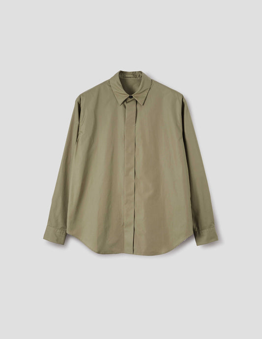 Beige cotton poplin long sleeve shirt with concealed button placket, curved hem and hanger loop on inside collar. Front flat lay view. 