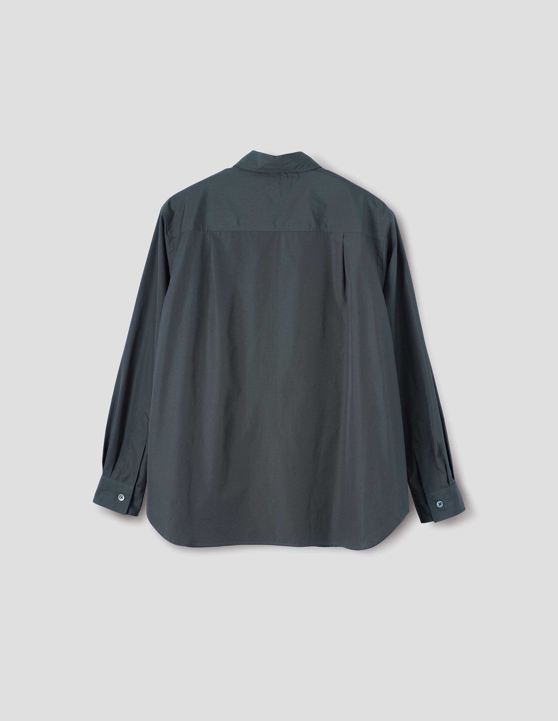 Dark greenish blue long sleeve cotton shirt, with mother of pearl buttons cuffs and pleats on back yoke. Back flat lay view.