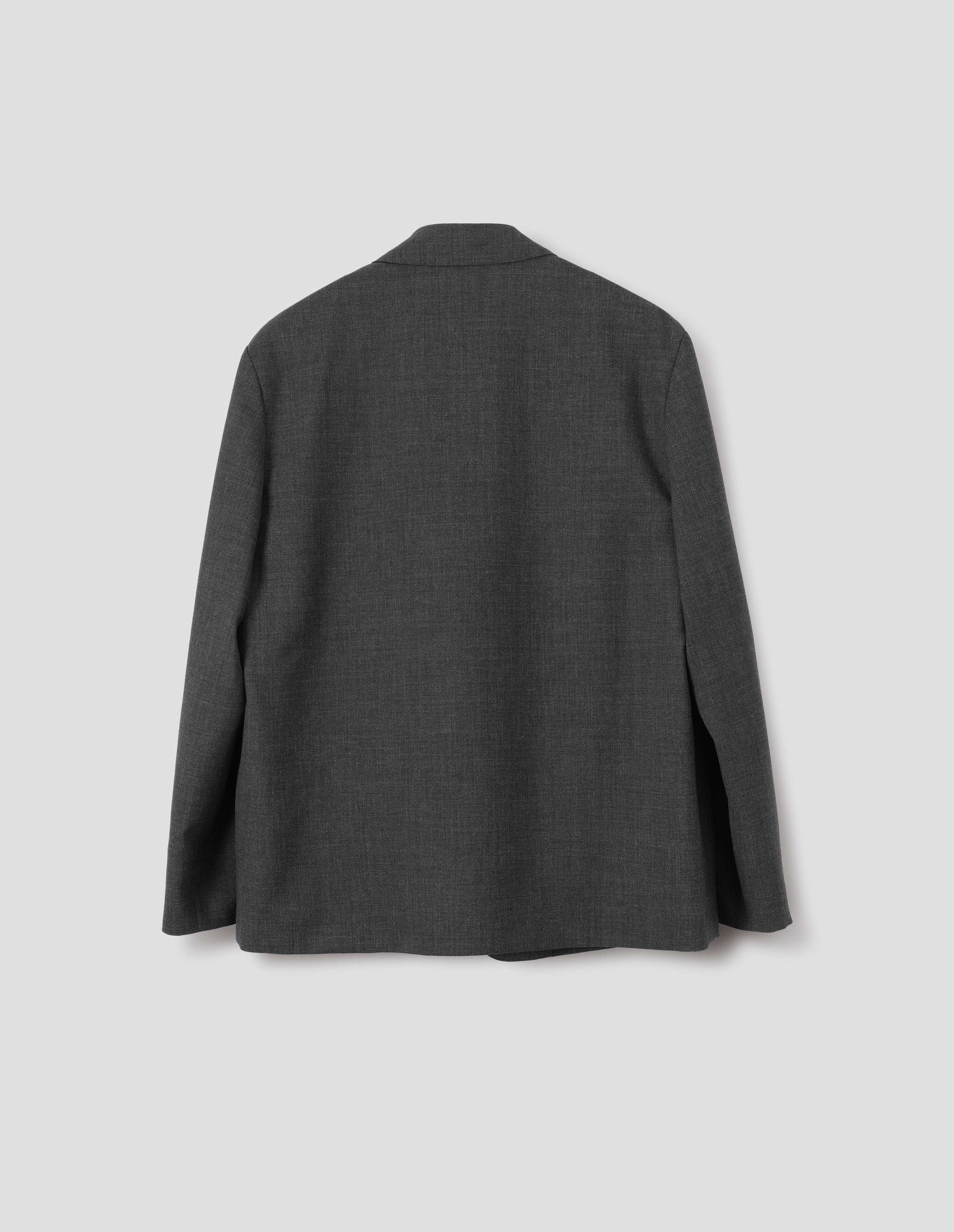 Grey crisp wool blazer, black flat lay view.