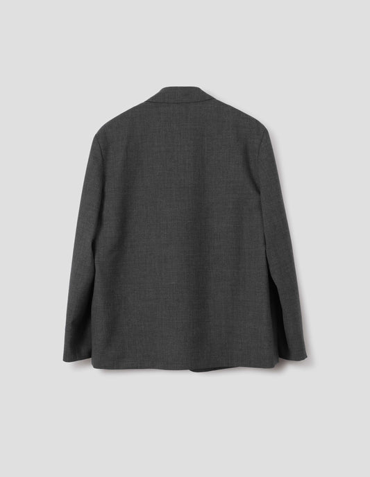 Grey crisp wool blazer, black flat lay view.