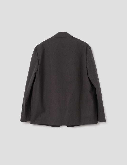 Greyish brown blazer, black flat lay view.