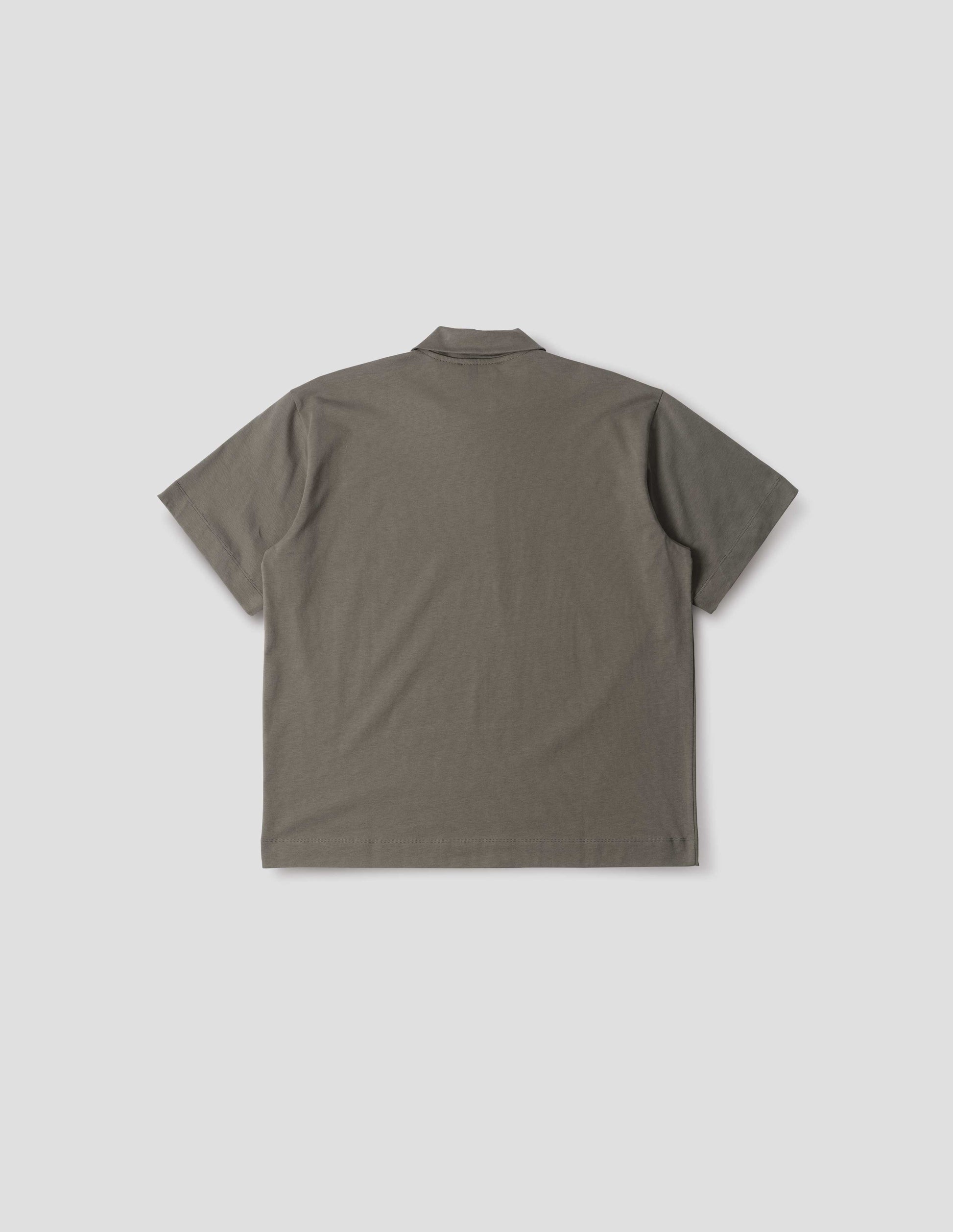 Greyish green short sleeve button polo shirt. Back flat lay view. 