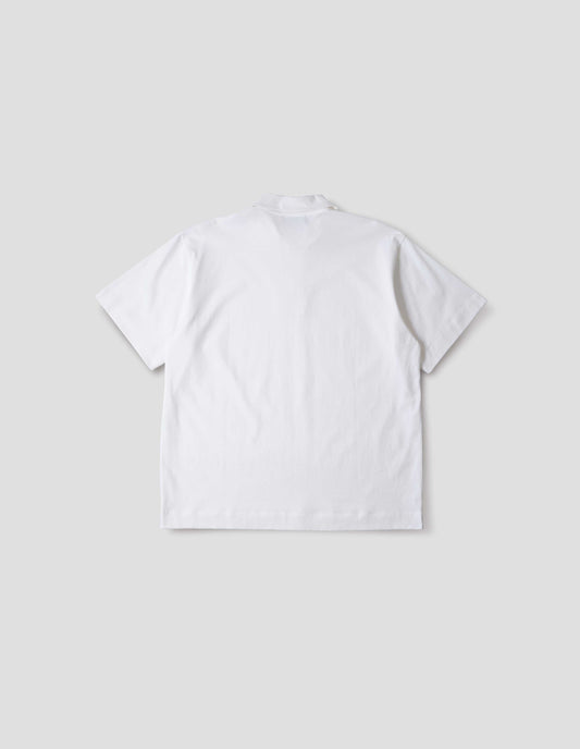 White cotton short sleeve polo shirt. Back flat lay view. 