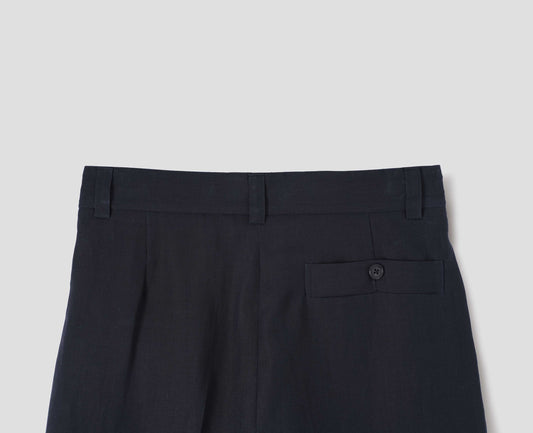 Dark navy trousers, deep button-through welt back pocket, belt loops. Back flat lay view.