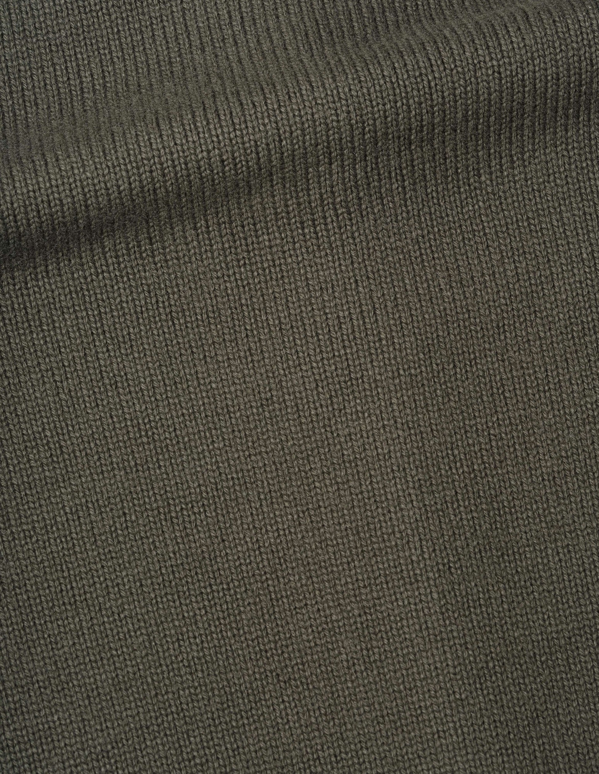 Greenish brown irregular spun wool zip collar cardigan, fabric swatch. 