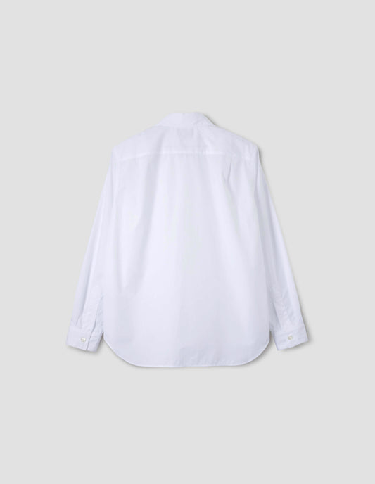 White cotton shirt, with curved hem, pleats on back yoke and mother of pearl button cuffs. Back flat lay view.