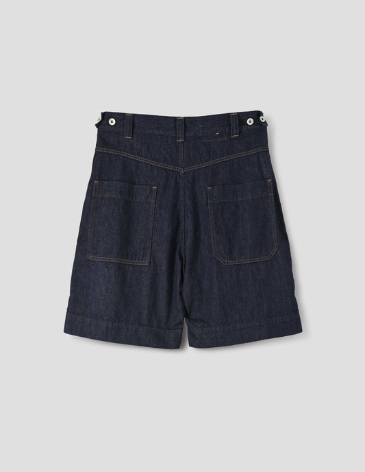 Indigo blue denim twill shorts. With metal button tab waist adjusters, belt loops and patch and hammer pocket on back of trousers. Back flay lay view.