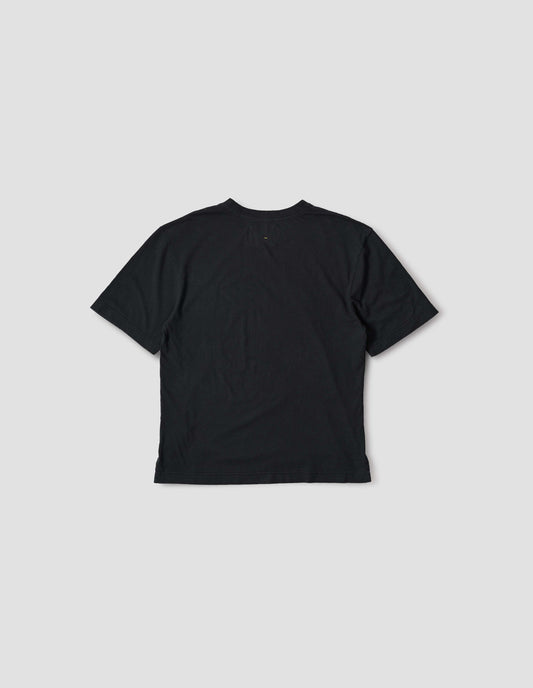 Black t-shirt with vent split hem. Back flat lay view.