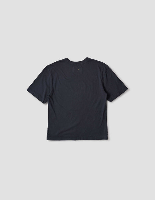 Dark blue t-shirt with vent split hem. Back flat lay view.