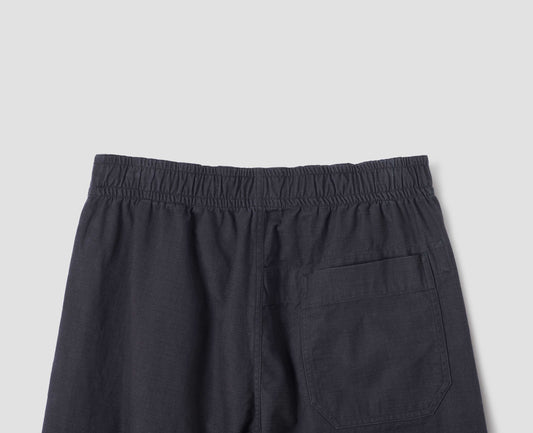 Dark blue joggers with elasticated waist and patch back pocket with stitch-through detailing. Back flat lay view.