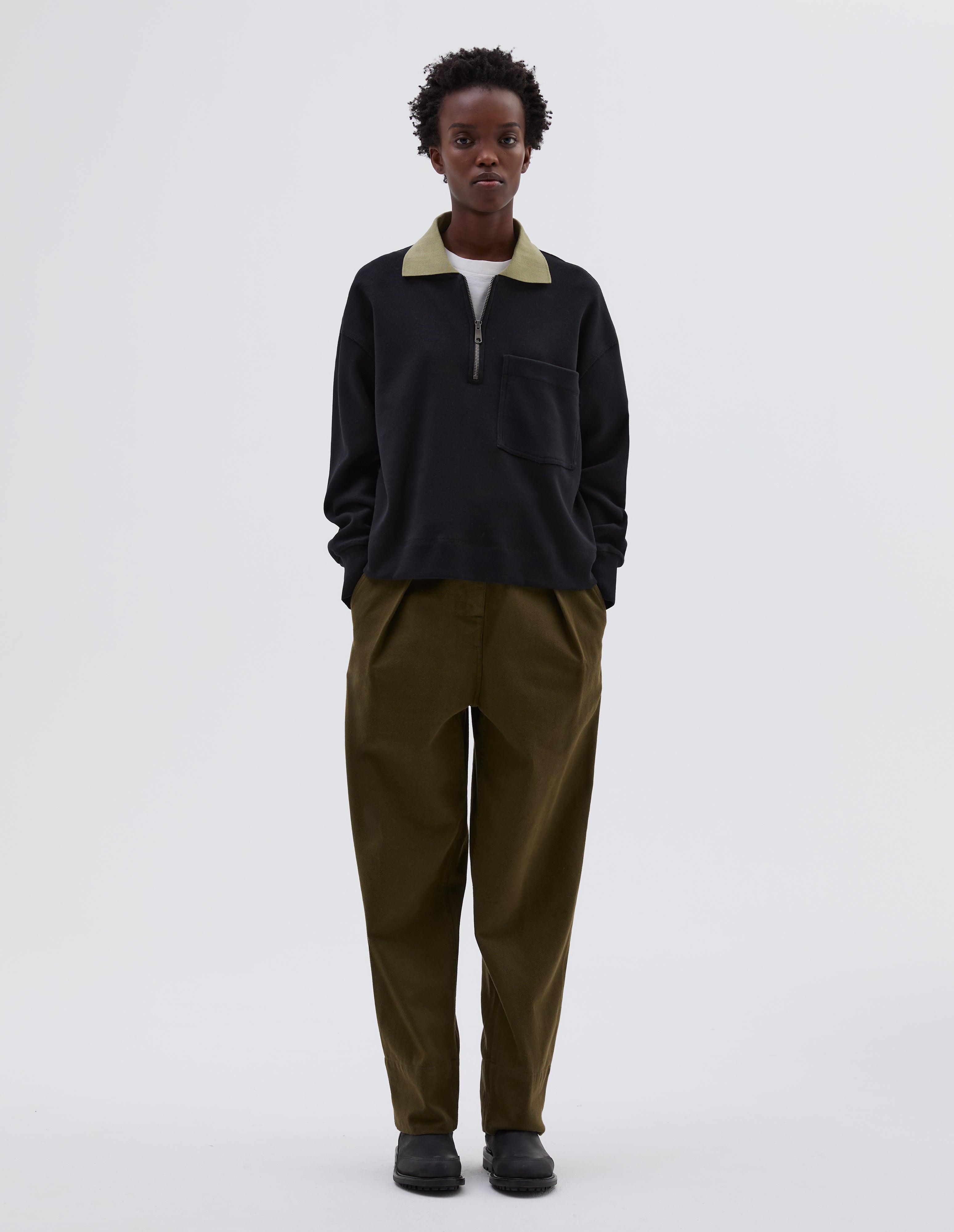 Black dry cotton rib zip polo | MHL. by Margaret Howell